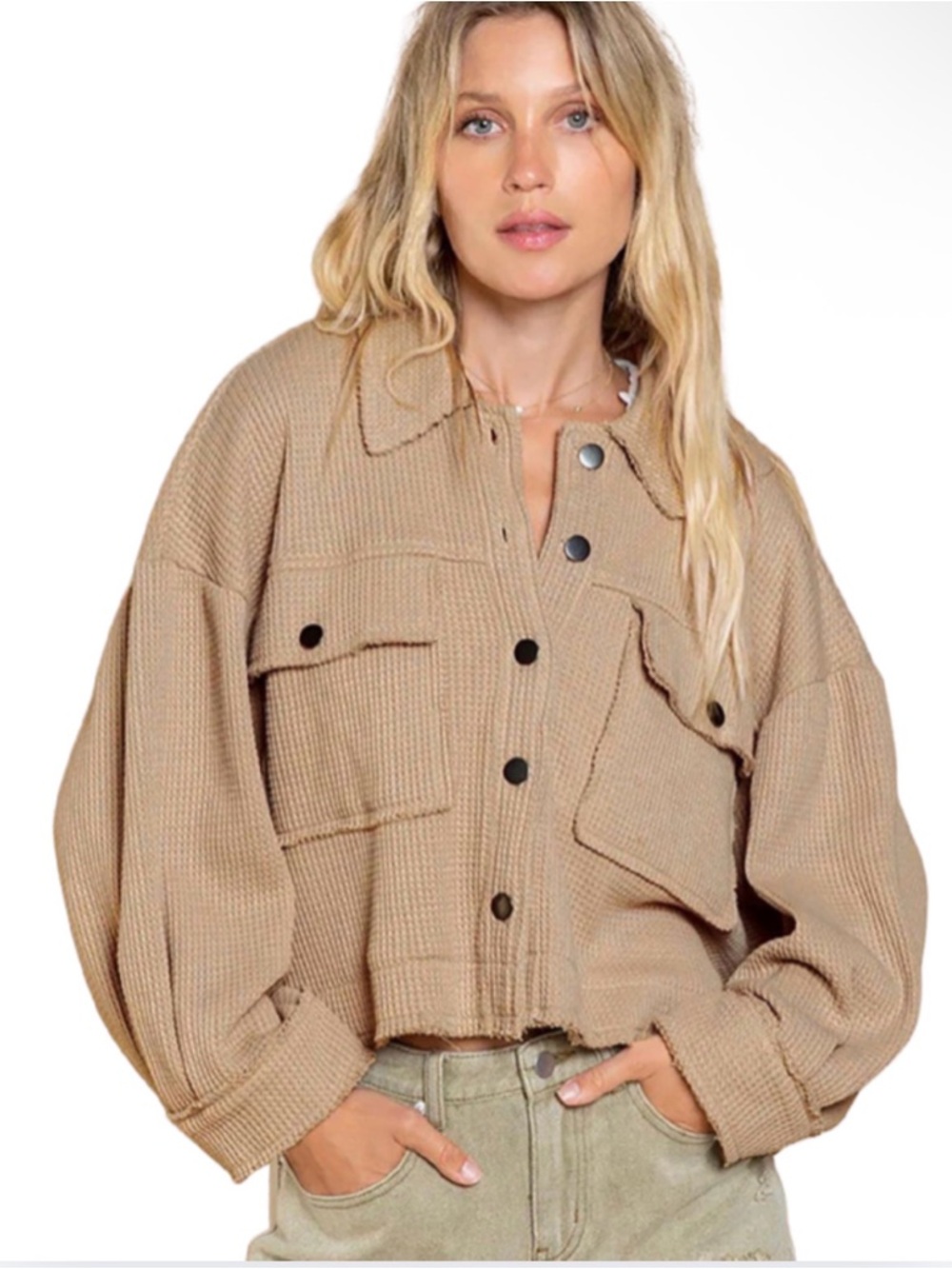 POL Cropped Waffle Knit Jacket Tan Oversized Shacket Pockets Boho NWOT